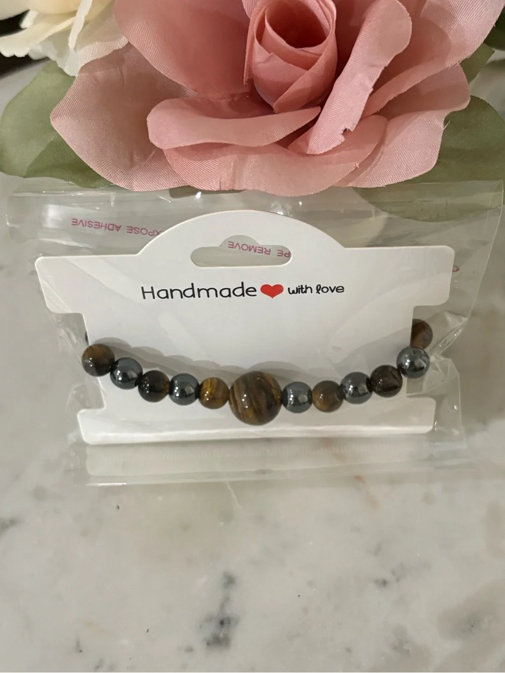 Handmade Hematite, Tiger Eye, Obsidian black and Gray Beaded Bracelet with Love